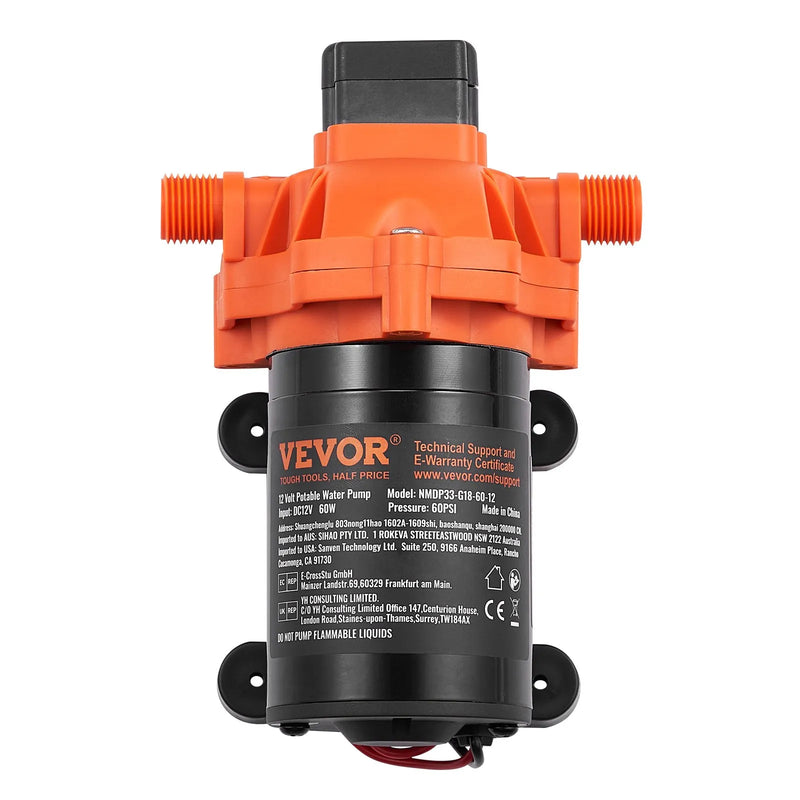 VEVOR 12 V diafragmas sūknis, 6,81 l/min, trīskameru 12 V līdzstrāvas ūdens sūknis ar automātisku spiediena slēdzi 2,7–6,9 bar (regulējams), nominālais spiediens 4 bar, 12,7 mm MNPT pieslēgums kemperiem, jahtām, ēdināšanas auto un kuģniecībai