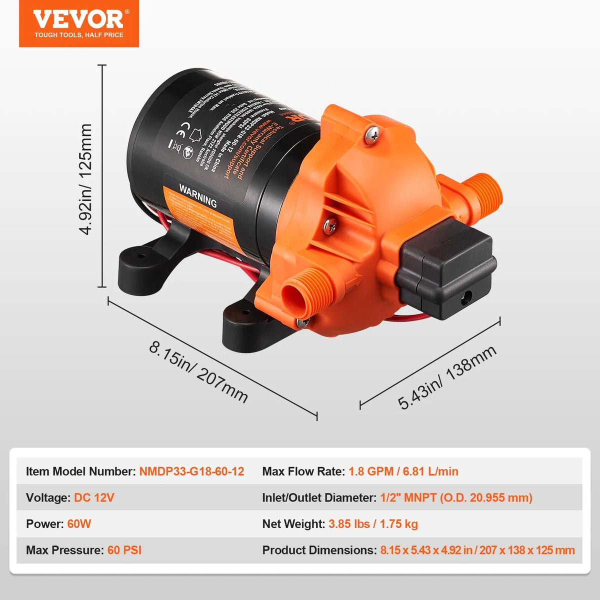VEVOR 12V Diaphragm Pump, 6.81 L/min, Three-Chamber 12V DC Water Pump with Automatic Pressure Switch 2.7–6.9 bar (Adjustable), Rated Pressure 4 bar, 12.7 mm MNPT Connection for Campers, Yachts, Catering Vehicles and Marine Applications