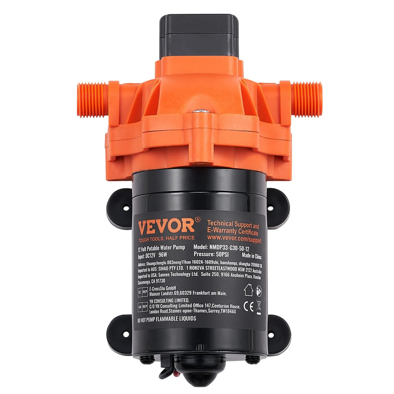 VEVOR 12 V diafragmas ūdens sūknis, 11,36 l/min, 3 kameru konstrukcija, automātisks spiediena slēdzis ar regulējamu spiedienu 2,7–6,9 bar, nominālais spiediens 3,4 bar, 12,7 mm MNPT pieslēgums