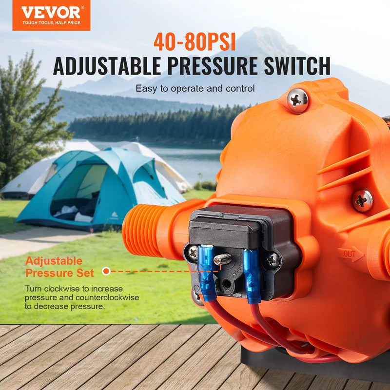 VEVOR 12 V diafragmas ūdens sūknis, 11,36 l/min, 3 kameru konstrukcija, automātisks spiediena slēdzis ar regulējamu spiedienu 2,7–6,9 bar, nominālais spiediens 3,4 bar, 12,7 mm MNPT pieslēgums