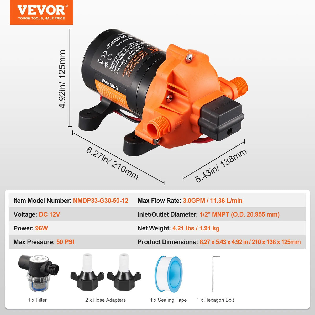 VEVOR 12 V Diaphragm Water Pump, 11.36 l/min, 3-Chamber Design, Automatic Pressure Switch with Adjustable Pressure 2.7–6.9 bar, Rated Pressure 3.4 bar, 12.7 mm MNPT Connection
