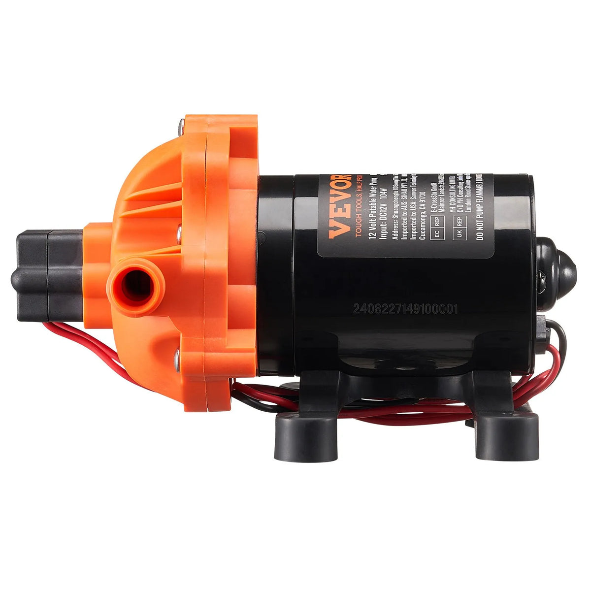 VEVOR 12 V Diaphragm Water Pump, 13.25 l/min, 3-Chamber Design, Automatic Pressure Switch, Adjustable Pressure 2.7–6.9 bar, Rated Pressure 3.4 bar, 12.7 mm MNPT Connection, for Campers and Boats