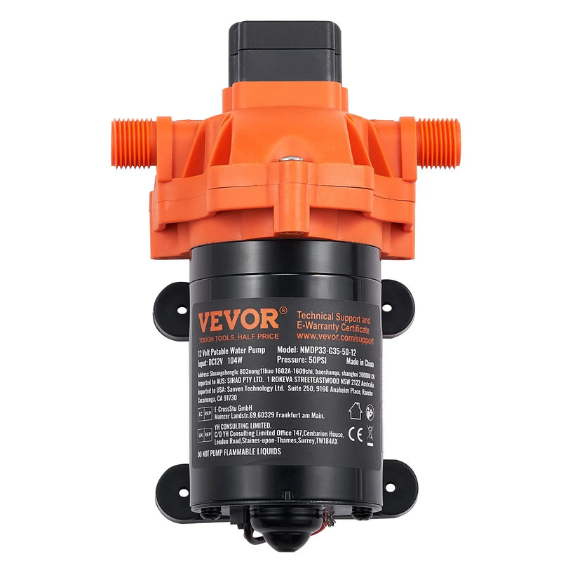 VEVOR 12 V diafragmas ūdens sūknis, 13,25 l/min, 3 kameru konstrukcija, automātisks spiediena slēdzis, regulējams spiediens 2,7–6,9 bar, nominālais spiediens 3,4 bar, 12,7 mm MNPT pieslēgums, kemperiem un kuģiem
