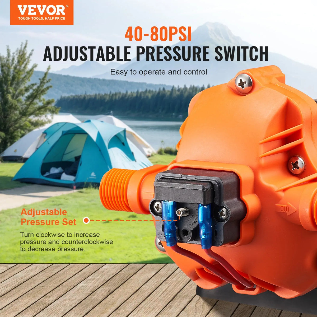 VEVOR 12 V Diaphragm Water Pump, 13.25 l/min, 3-Chamber Design, Automatic Pressure Switch, Adjustable Pressure 2.7–6.9 bar, Rated Pressure 3.4 bar, 12.7 mm MNPT Connection, for Campers and Boats