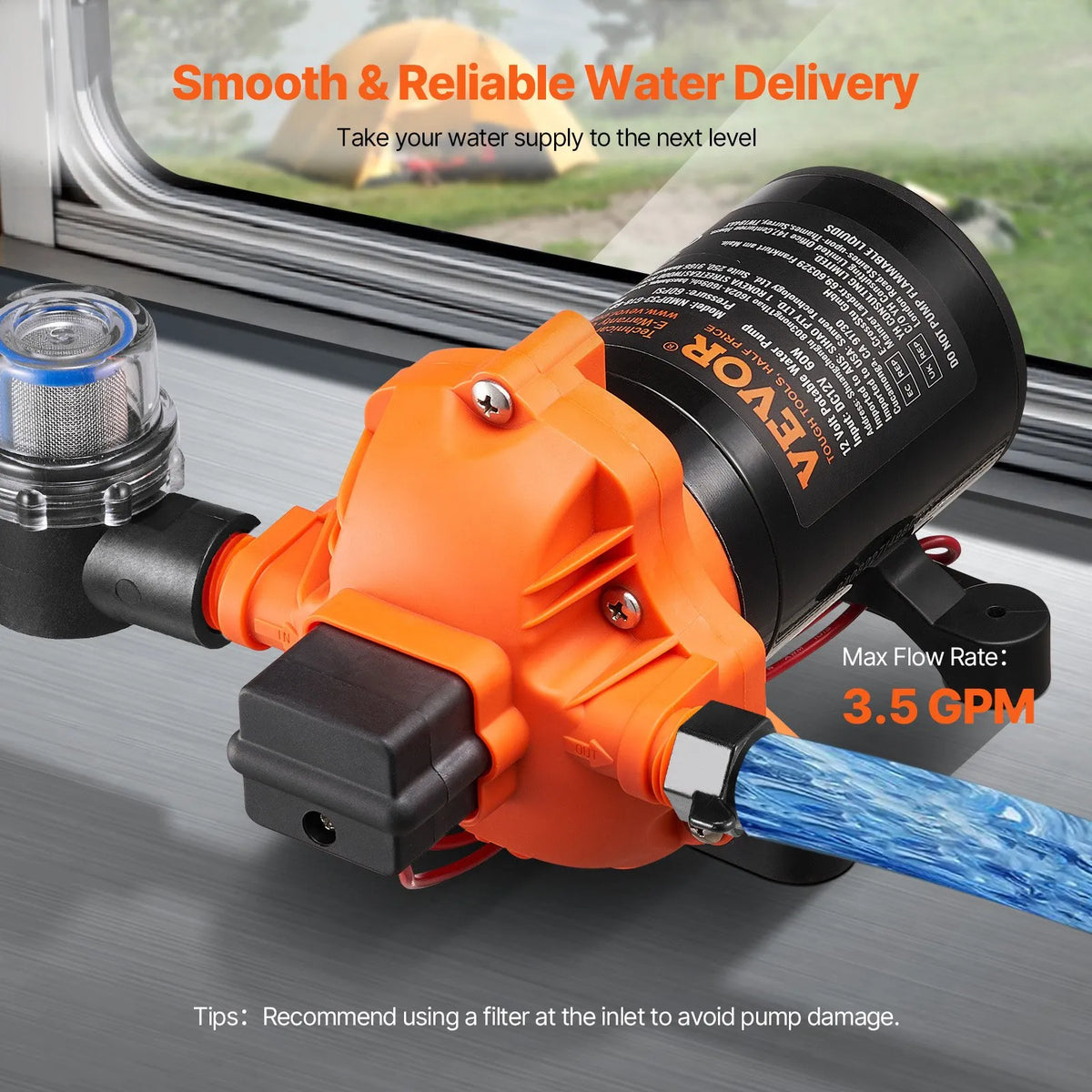 VEVOR 12 V Diaphragm Water Pump, 13.25 l/min, 3-Chamber Design, Automatic Pressure Switch, Adjustable Pressure 2.7–6.9 bar, Rated Pressure 3.4 bar, 12.7 mm MNPT Connection, for Campers and Boats
