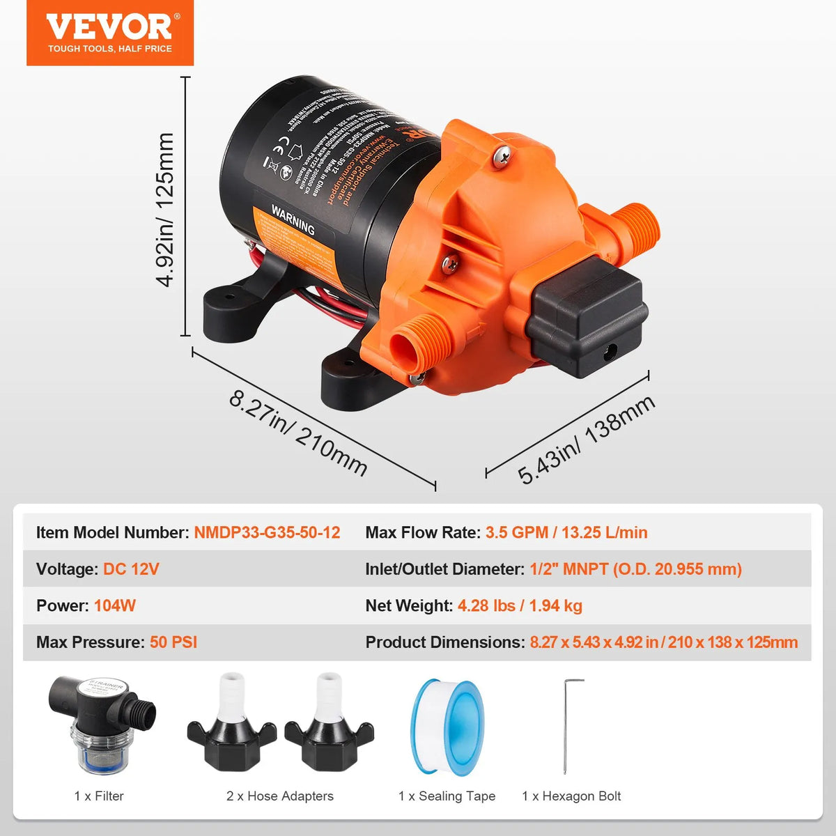 VEVOR 12 V Diaphragm Water Pump, 13.25 l/min, 3-Chamber Design, Automatic Pressure Switch, Adjustable Pressure 2.7–6.9 bar, Rated Pressure 3.4 bar, 12.7 mm MNPT Connection, for Campers and Boats
