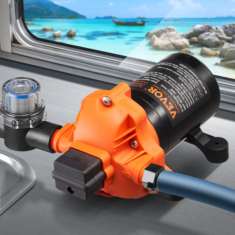VEVOR 12 V diafragmas ūdens sūknis, 13,25 l/min, 3 kameru konstrukcija, automātisks spiediena slēdzis, regulējams spiediens 2,7–6,9 bar, nominālais spiediens 3,4 bar, 12,7 mm MNPT pieslēgums, kemperiem un kuģiem
