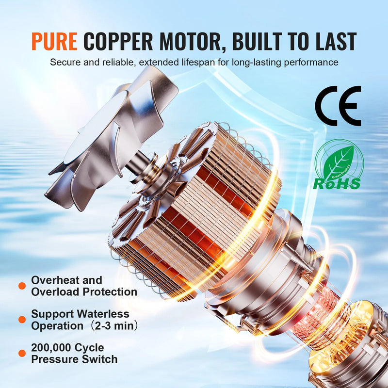 VEVOR 12 V diafragmas ūdens sūknis, 11,36 l/min, 4 kameru konstrukcija, automātisks spiediena slēdzis ar regulējamu spiedienu 2,7–6,9 bar, nominālais spiediens 3,8 bar, 12,7 mm MNPT pieslēgums