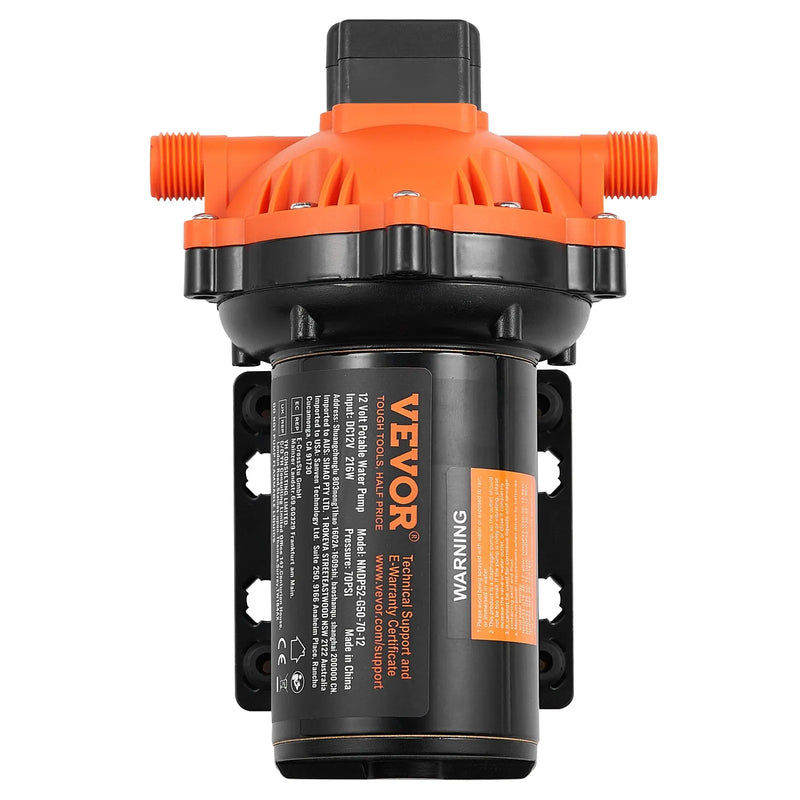 VEVOR 12 V diafragmas sūknis – 18,93 l/min, 5 kameru 12 V DC ūdens sūknis ar automātisku spiediena slēdzi, regulējams spiediens 2,7–6,9 bar, 12,7 mm (1/2") MNPT pieslēgums, paredzēts lauksaimniecības apūdeņošanai un būvlaukumu drenāžai.