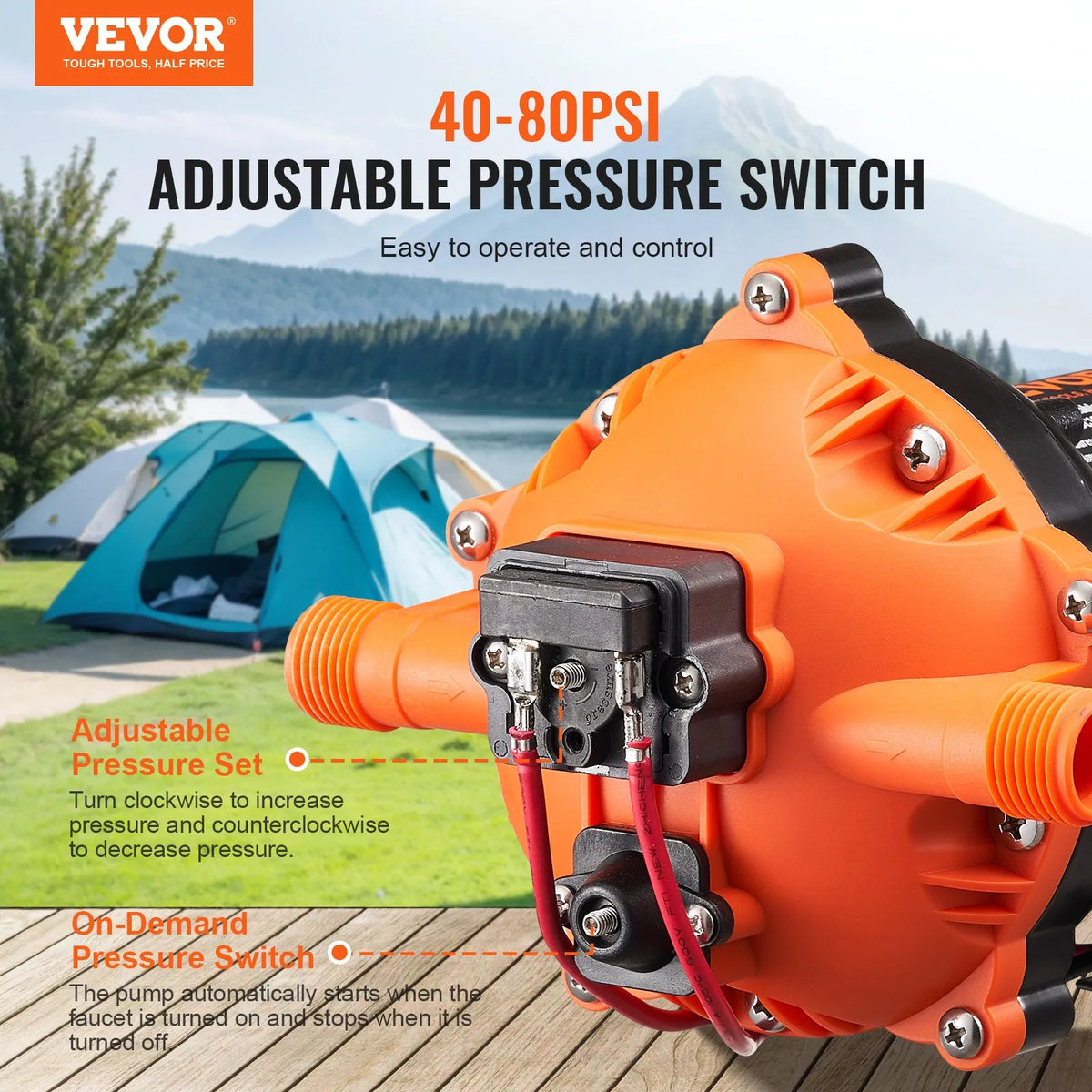 VEVOR 12V Diaphragm Pump – 18.93 l/min, 5 Chamber 12V DC Water Pump with Automatic Pressure Switch, Adjustable Pressure 2.7–6.9 bar, 12.7 mm (1/2") MNPT Connection, for Agricultural Irrigation and Construction Site Drainage