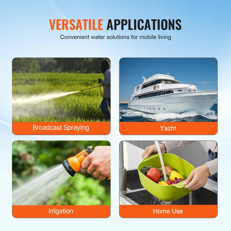 VEVOR 12 V diafragmas sūknis – 18,93 l/min, 5 kameru 12 V DC ūdens sūknis ar automātisku spiediena slēdzi, regulējams spiediens 2,7–6,9 bar, 12,7 mm (1/2") MNPT pieslēgums, paredzēts lauksaimniecības apūdeņošanai un būvlaukumu drenāžai.