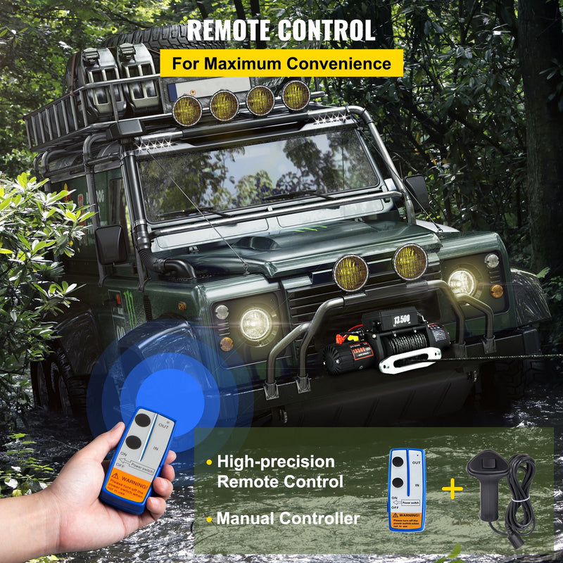 VEVOR 6123,5 kg elektriskā kravas automobiļu vinča - 12V elektriskā vinča ar sintētisko virvi un tālvadības pulti