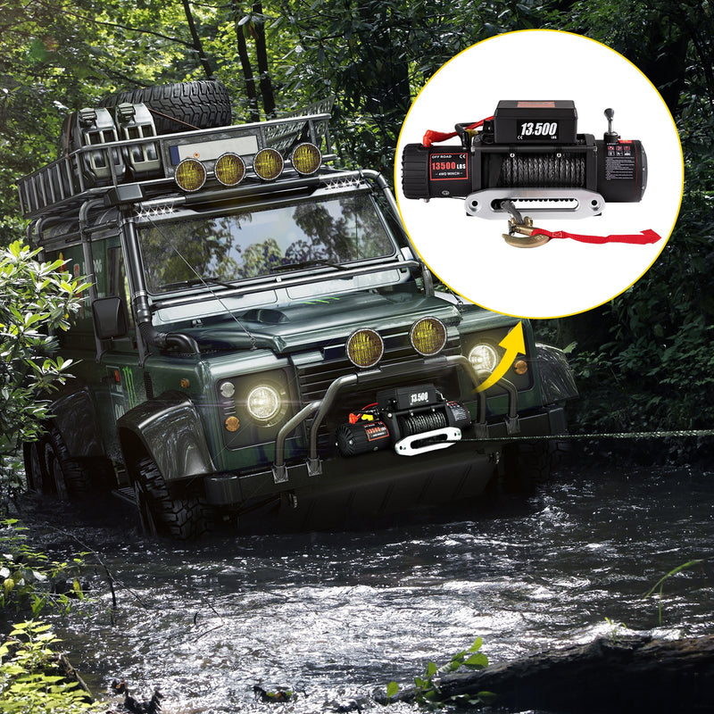 VEVOR 6123,5 kg elektriskā kravas automobiļu vinča - 12V elektriskā vinča ar sintētisko virvi un tālvadības pulti