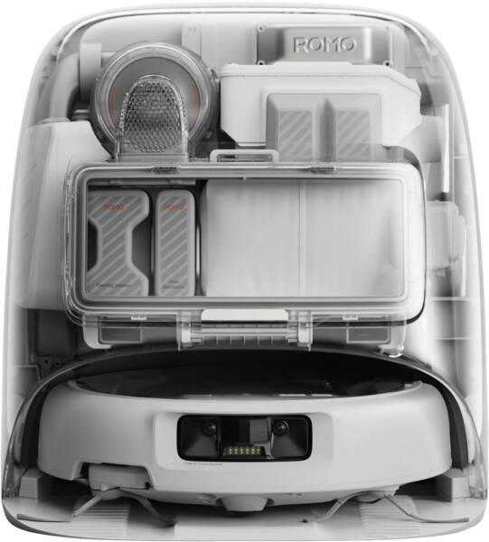DJI ROMO P CP.CR.00000052, caurspīdīgs robotizēts putekļsūcējs ar mitro un sauso uzkopšanu, 25 000 Pa, 5000 mAh, LiDAR, automātisku mopu mazgāšanu un pašattīrošu dokstaciju