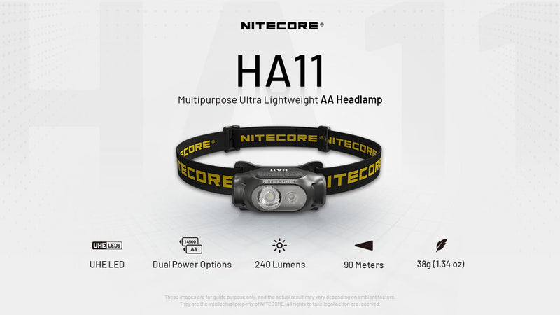 NITECORE HA11 LED galvas lukturis, 240 lm, AA baterija, sarkanā un baltā gaisma, melns/dzeltens
