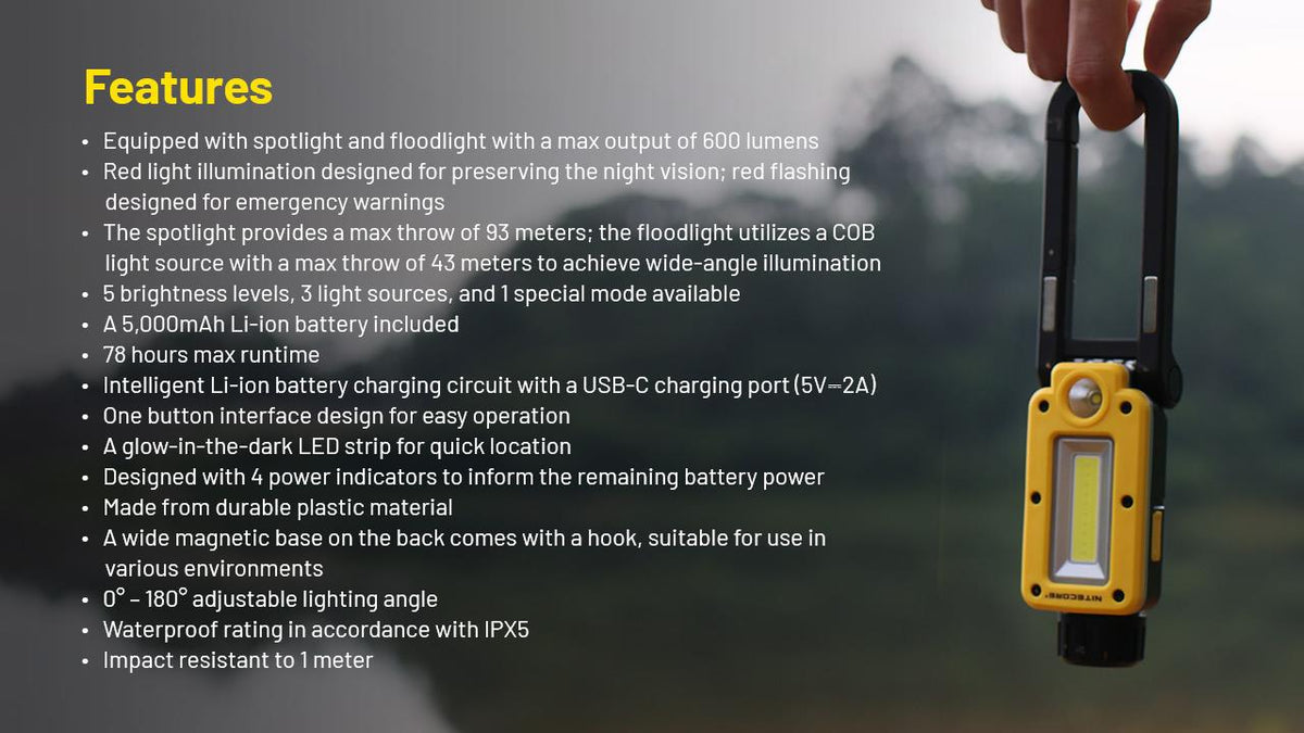 NITECORE NWL20 COB darba lampa, 600 lm, uzlādējama, 5000 mAh, darba un remonta apgaismojumam