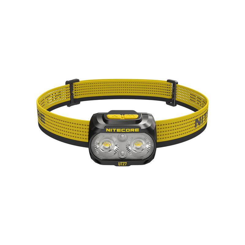 Nitecore UT27 LED skriešanas galvas lukturis 800 lm, USB uzlādējams, balta, silti balta un sarkana gaisma, melns/dzeltens