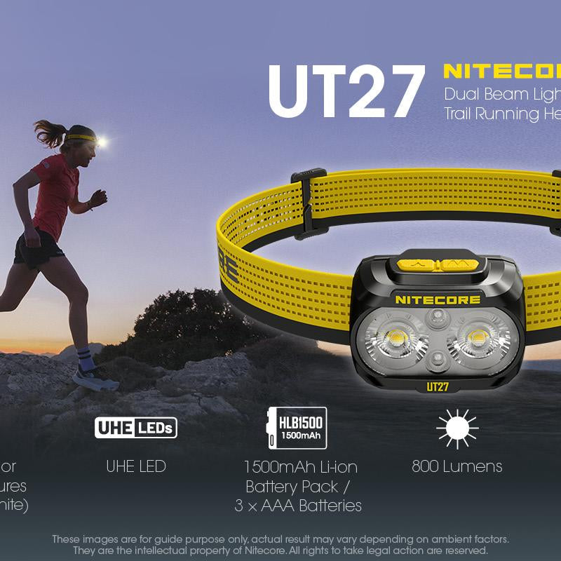 Nitecore UT27 LED skriešanas galvas lukturis 800 lm, USB uzlādējams, balta, silti balta un sarkana gaisma, melns/dzeltens