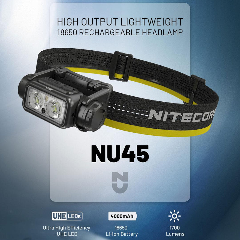 NITECORE NU45 LED galvas lukturis, 1700 lm, USB-C ātrā uzlāde, 4000 mAh akumulators, IP68