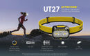 Nitecore UT27 LED skriešanas galvas lukturis 800 lm, USB uzlādējams, balta, silti balta un sarkana gaisma, melns/dzeltens