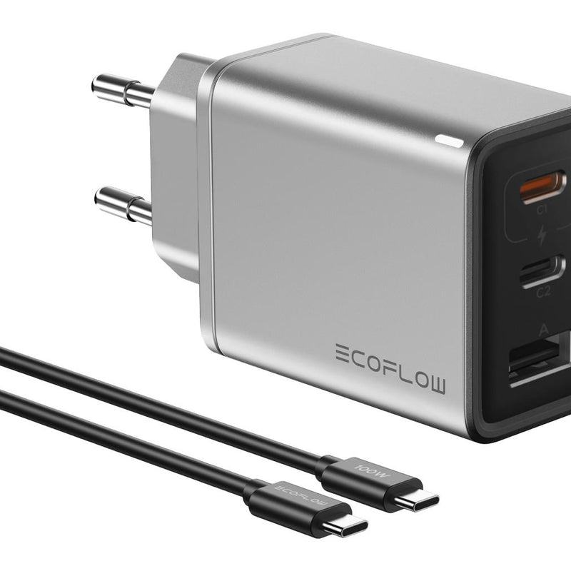 ECOFLOW lādētājs 65W, 1 × USB - A ports, 2 × USB - C porti, ātrā uzlāde (GaN tehnoloģija), sudraba. - ZEMLETES.LV