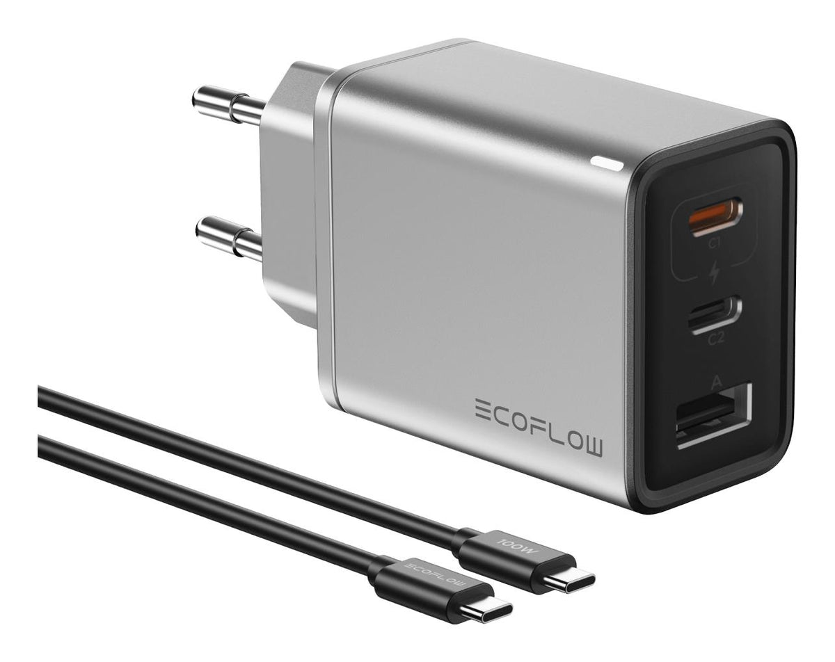 ECOFLOW lādētājs 65W, 1 × USB - A ports, 2 × USB - C porti, ātrā uzlāde (GaN tehnoloģija), sudraba. - ZEMLETES.LV