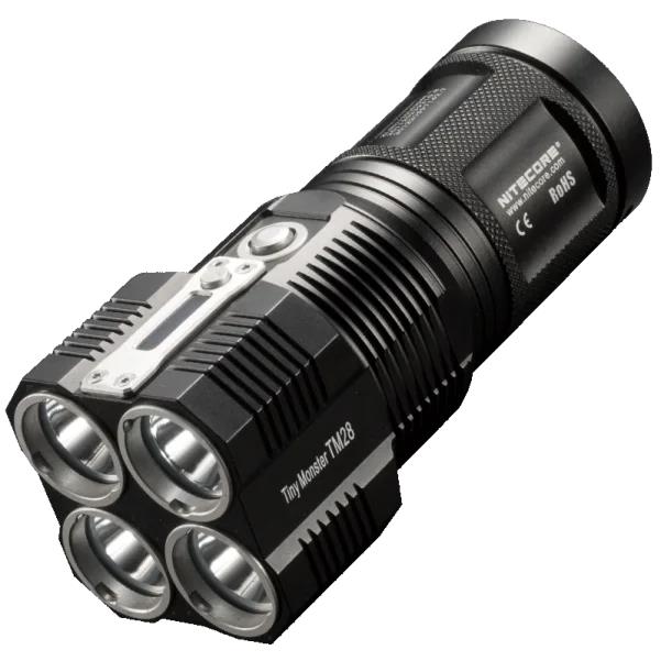 Nitecore gaismas lukturis TM28, 6000 lūmenu, 4 x IMR 18650 akumulatori, IPX-8, OLED displejs, statīvs, lādētājs
