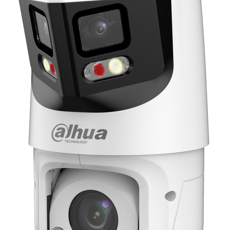 DAHUA 8 + 4 MP panorāmas PTZ IP videonovērošanas kamera ar 180° skata leņķi, 25× optisko tālummaiņu, automātisko izsekošanu, aktīvo atturēšanu, PoE+ un IP66, balta