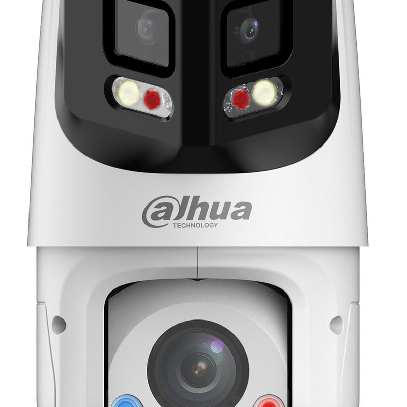 DAHUA 8 + 4 MP panorāmas PTZ IP videonovērošanas kamera ar 180° skata leņķi, 25× optisko tālummaiņu, automātisko izsekošanu, aktīvo atturēšanu, PoE+ un IP66, balta