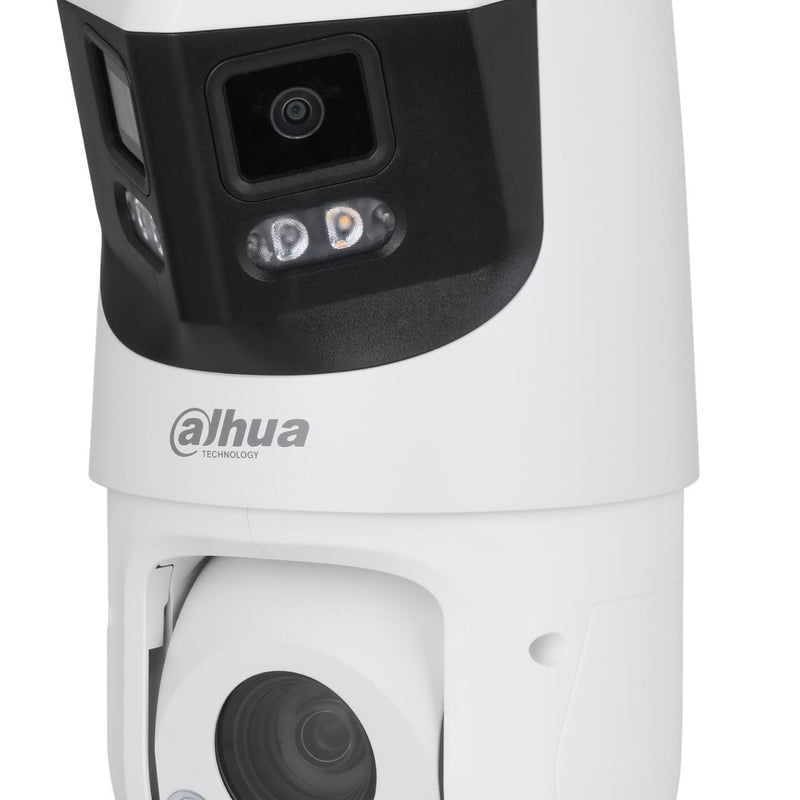 DAHUA 8 + 4 MP panorāmas PTZ IP videonovērošanas kamera ar 180° skata leņķi, 25× optisko tālummaiņu, automātisko izsekošanu, aktīvo atturēšanu, PoE+ un IP66, balta