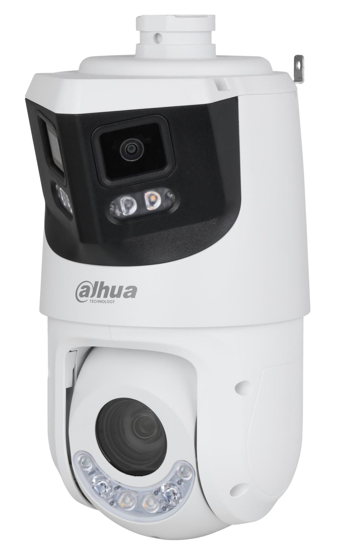 DAHUA 8 + 4 Мп панорамная IP-камера видеонаблюдения с PTZ-механизмом, углом обзора 180°, 25-кратным оптическим зумом, функцией автоматического слежения, активным сдерживанием, PoE+ и степенью защиты IP66, белого цвета
