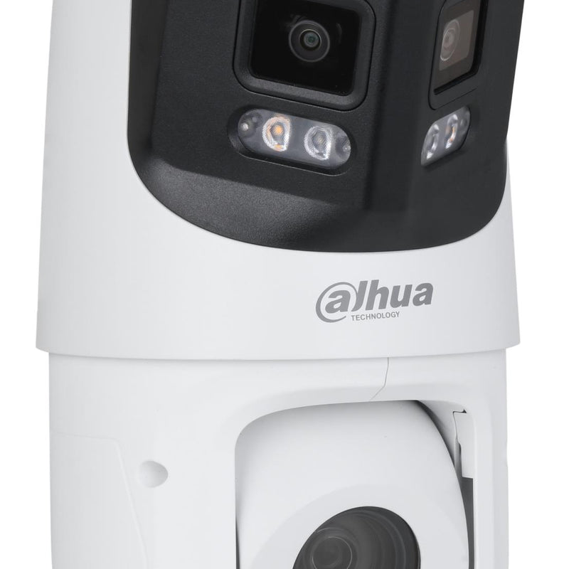 DAHUA 8 + 4 MP panorāmas PTZ IP videonovērošanas kamera ar 180° skata leņķi, 25× optisko tālummaiņu, automātisko izsekošanu, aktīvo atturēšanu, PoE+ un IP66, balta
