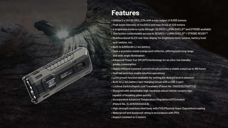 NITECORE EDC37 LED EDC lukturis, 8000 lm, 420 m darbības attālums, OLED displejs, USB-C uzlāde