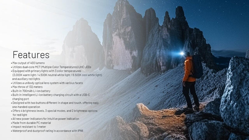 NITECORE NU25 MCT UL LED galvas lukturis, 400 lm, īpaši viegls, 3 gaismas toņi, 700 mAh akumulators