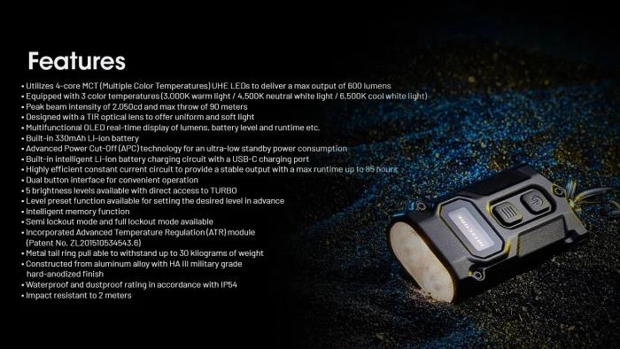 Nitecore TINI3 uzlādējams atslēgu piekariņa lukturītis 600 lm ar OLED displeju un USB-C uzlādi