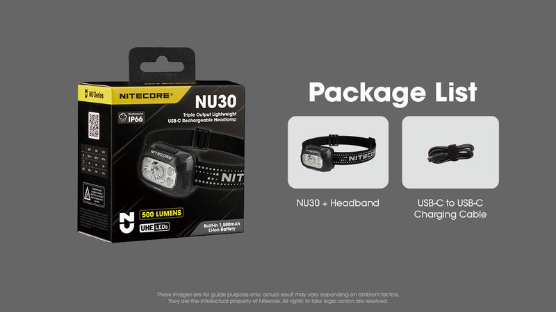 NITECORE NU30 LED galvas lukturis, 500 lm, USB-C uzlāde, 1500 mAh akumulators, IP66