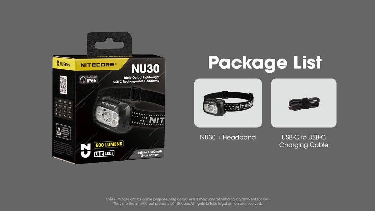 NITECORE NU30 LED headlamp, 500 lm, USB-C charging, 1500 mAh battery, IP66