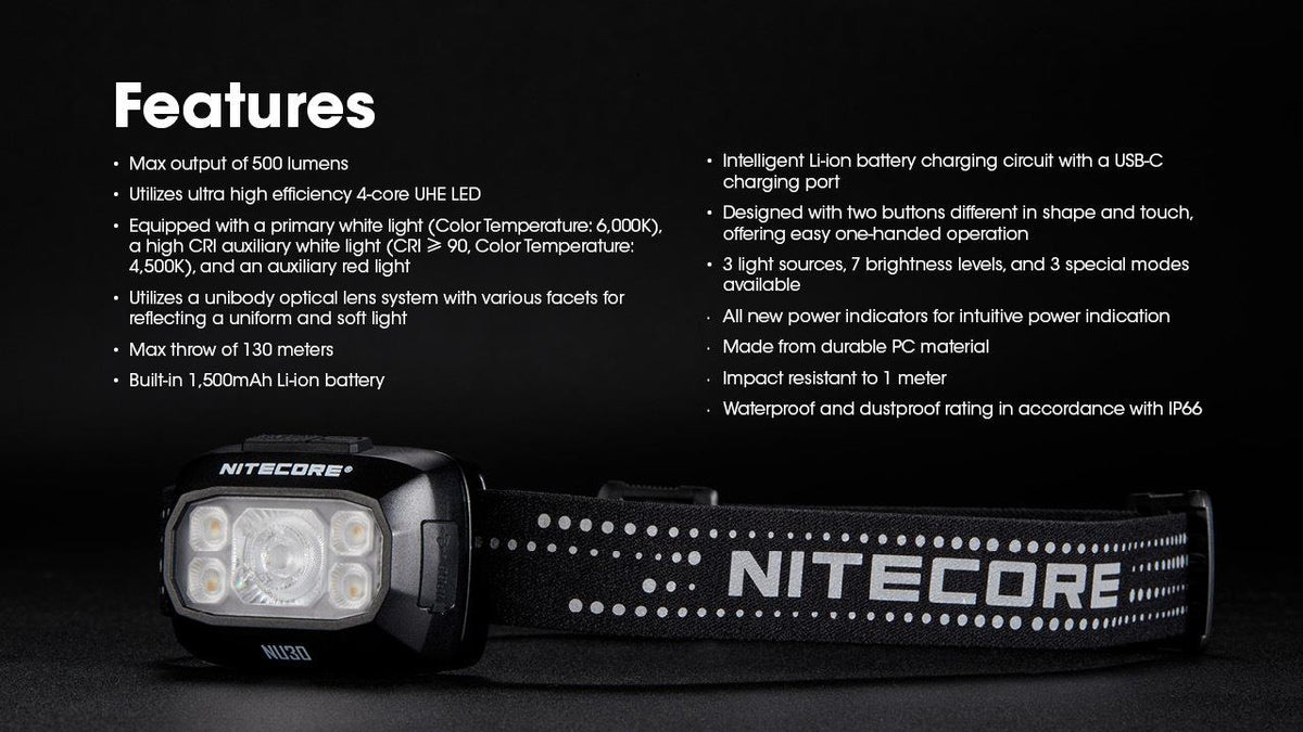 NITECORE NU30 LED headlamp, 500 lm, USB-C charging, 1500 mAh battery, IP66