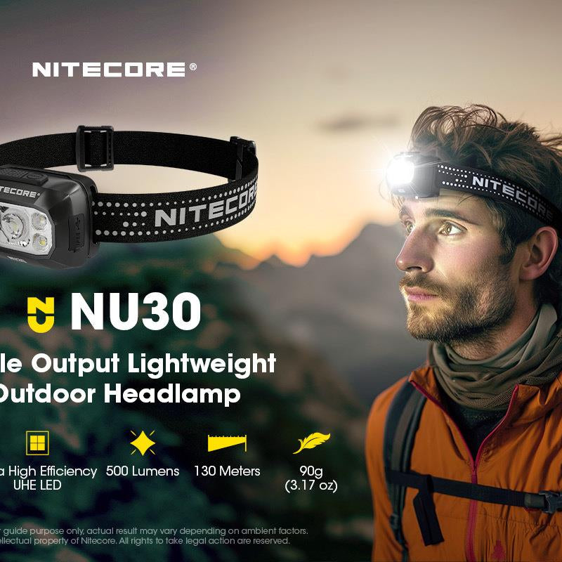 NITECORE NU30 LED galvas lukturis, 500 lm, USB-C uzlāde, 1500 mAh akumulators, IP66