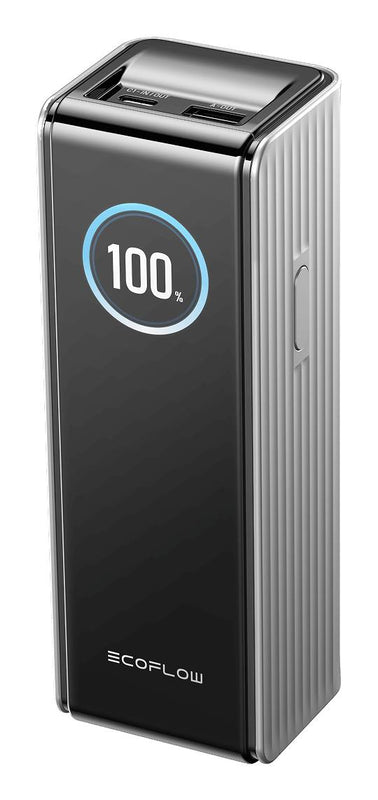 EcoFlow RAPID ārējais akumulators 25 000 mAh, 170 W, ar 2 USB-C pieslēgvietām, USB-A pieslēgvietu un TFT ekrānu, sudraba