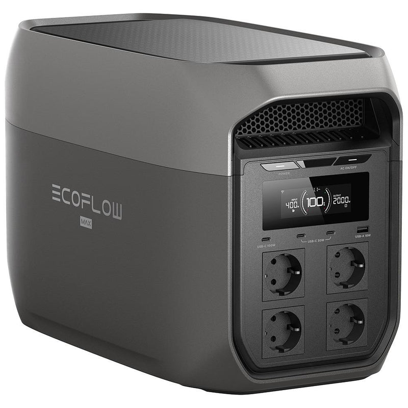 EcoFlow DELTA 3 Max pārnēsājamā elektrostacija, 2048 Wh, 2400 W, LFP akumulators, Wi-Fi un Bluetooth, melna un pelēka
