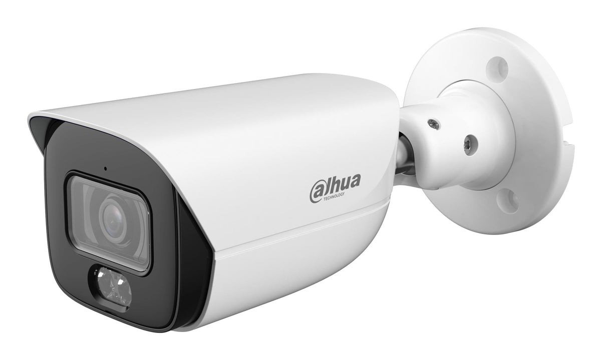 DAHUA 8 MP cilindriskā IP videonovērošanas kamera ar 2,8 mm objektīvu, viedo dubulto apgaismojumu līdz 50 m, cilvēku skaitīšanu, mikrofonu, PoE+, ePoE un IP67, balta