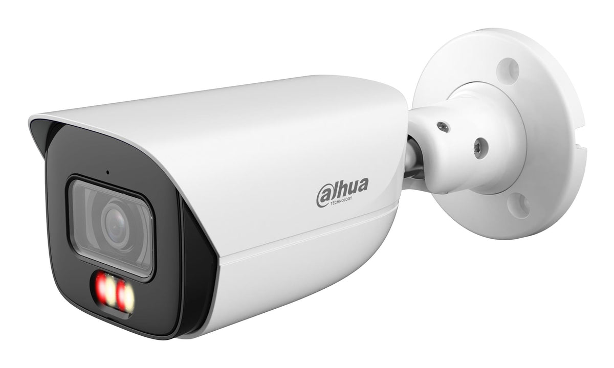 DAHUA 8 MP cilindriskā IP videonovērošanas kamera ar 2,8 mm objektīvu, viedo dubulto apgaismojumu līdz 50 m, cilvēku skaitīšanu, mikrofonu, PoE+, ePoE un IP67, balta
