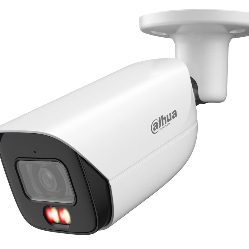 DAHUA 8 MP cilindriskā IP videonovērošanas kamera ar 2,8 mm objektīvu, viedo dubulto apgaismojumu līdz 50 m, cilvēku skaitīšanu, mikrofonu, PoE+, ePoE un IP67, balta
