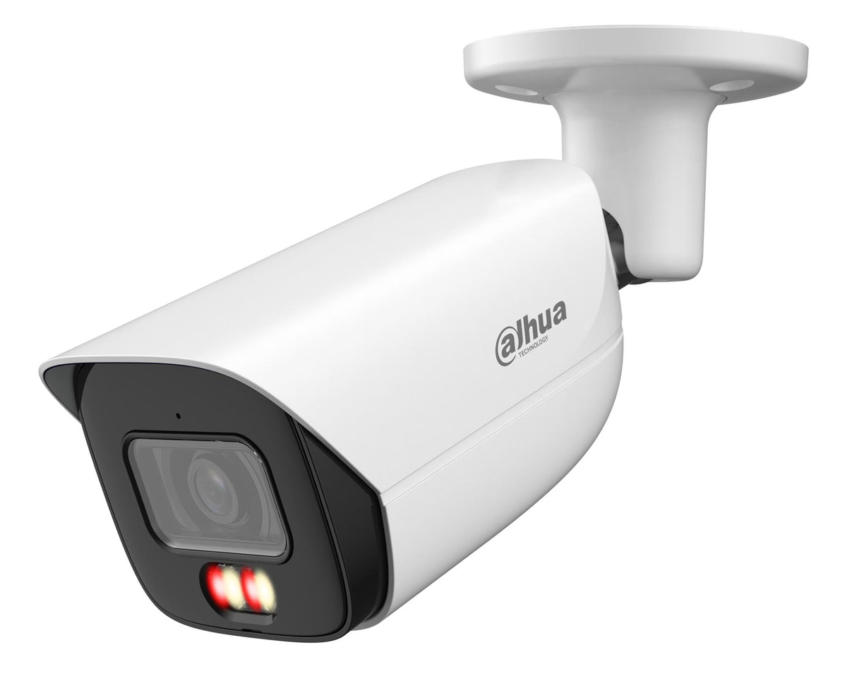 DAHUA 8 MP cilindriskā IP videonovērošanas kamera ar 2,8 mm objektīvu, viedo dubulto apgaismojumu līdz 50 m, cilvēku skaitīšanu, mikrofonu, PoE+, ePoE un IP67, balta