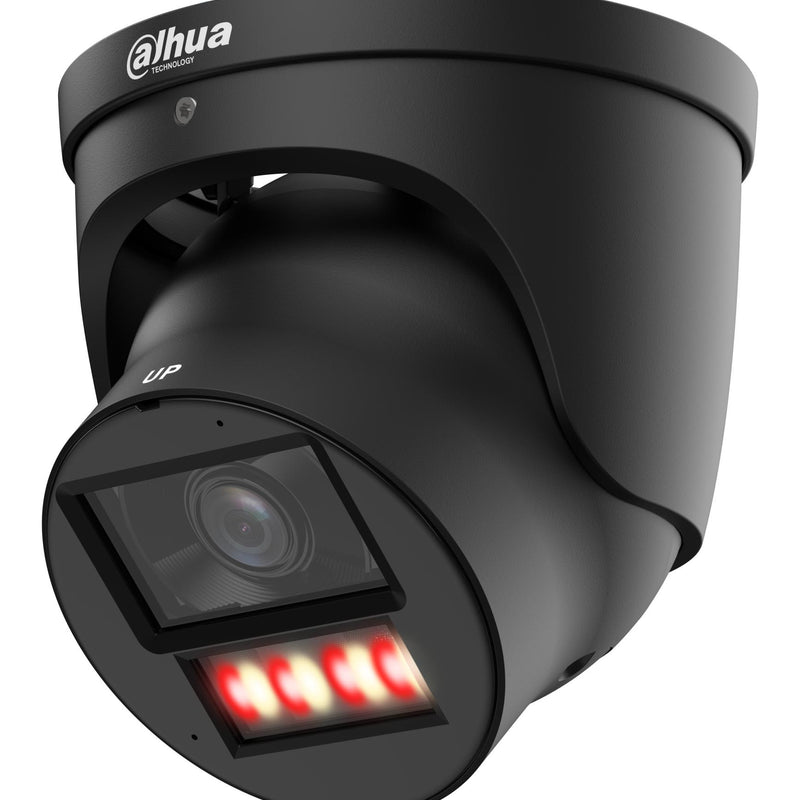 DAHUA 4 MP torņveida IP videonovērošanas kamera ar 2,8 mm objektīvu, WizColor, 60 m nakts redzamību, aktīvo atturēšanu, divvirzienu audio, AcuPick, PoE+, ePoE, IP67 un IK10, melna