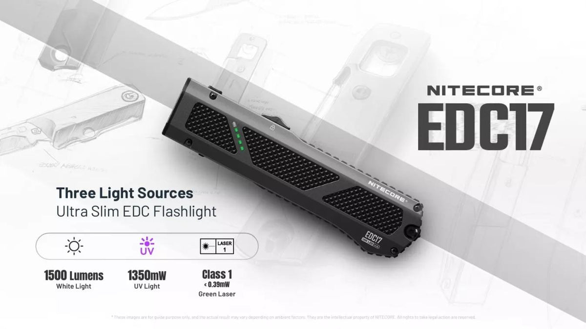 NITECORE EDC17 EU LED kabatas lukturis, 1500 lm, UV gaisma, zaļais lāzers, USB-C uzlāde, IPX7