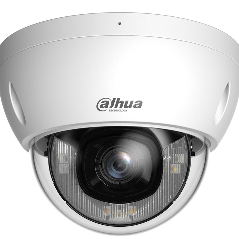DAHUA 6 MP WizSense pretvandālisma kupolveida IP kamera ar 2,8 mm objektīvu, viedo divu veidu apgaismojumu līdz 30 m, mikrofonu, PoE, IP67 un IK10, balta