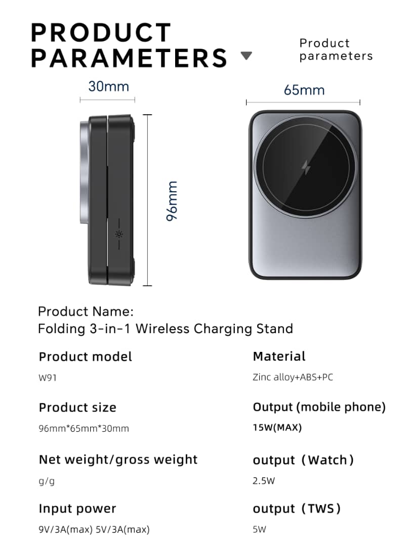 W91 Foldable 3-in-1 Magnetic Wireless Charger with Night Light (Qi2, 15W) MagSafe