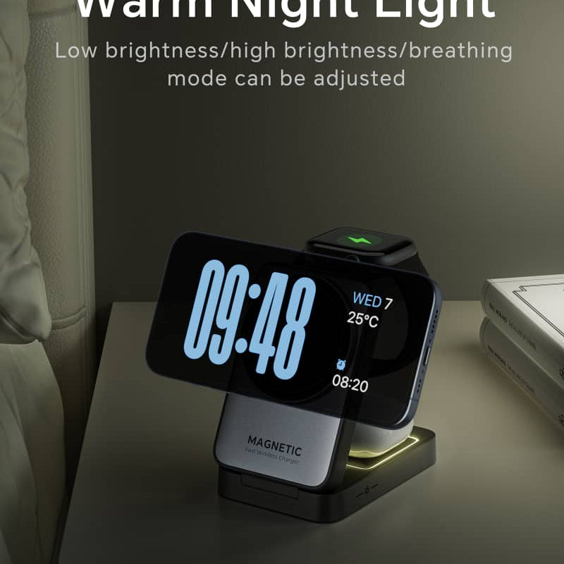 Pieejams no 20.jūlija_W91 Salokāms 3-in-1 Magnētiskais Bezvadu Lādētājs ar Nakts Apgaismojumu (Qi2, 15W)Magsafe